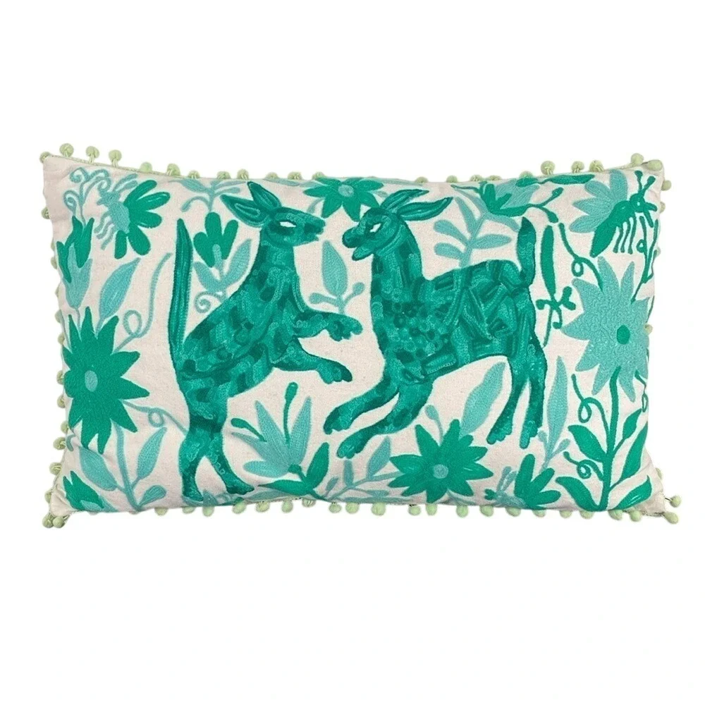 Karma‎ Living Teal Otomi Embroidered Lumbar Pillow Pom Pom Trim Cotton 12x20